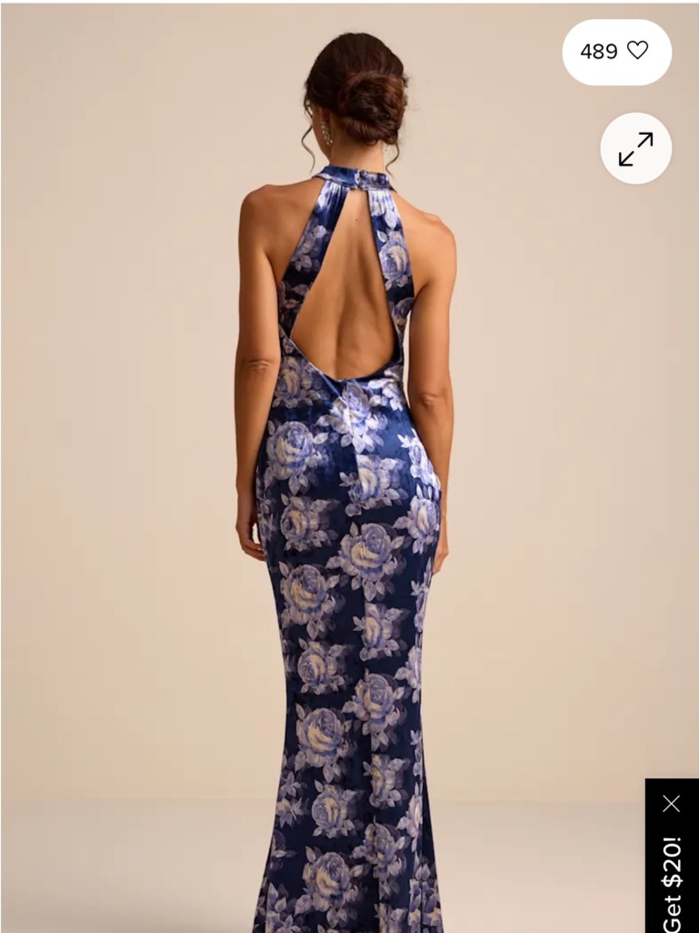 Celestara Navy Floral Velvet Backless Mermaid Maxi Dress - Picture 2 of 5